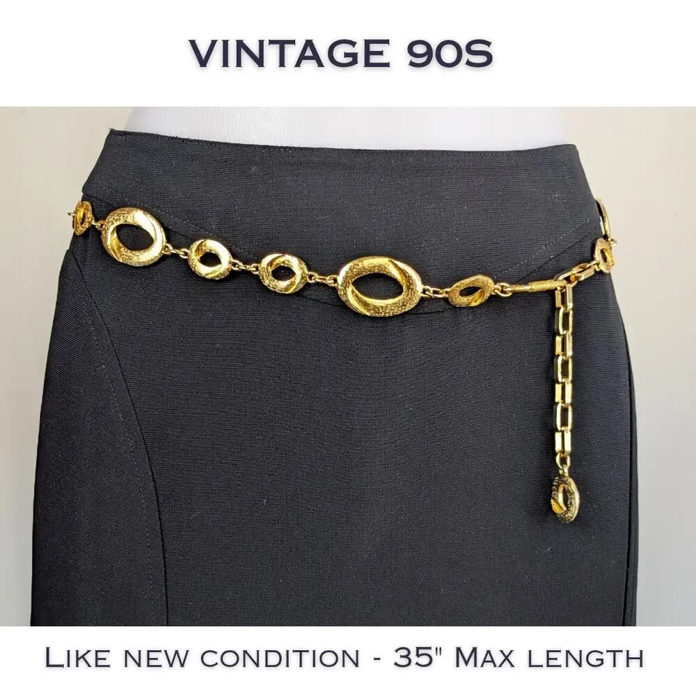 Vintage 90s Chain Belt Gold Tone Oval Links Textured Hammered Adjustable Glam
